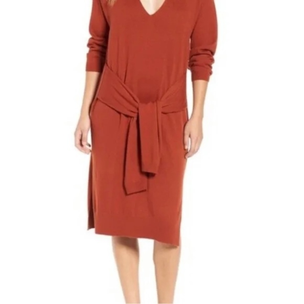 Nordstrom Leith Women's Front Tie V Neck Midi Side Slits Sweater Dress Size S